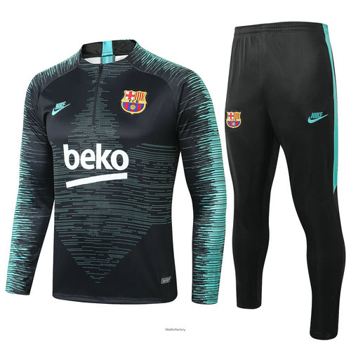 Vente Survetement Barcelone 2019/20 Noir/Bleu Vert bande sweat zippé